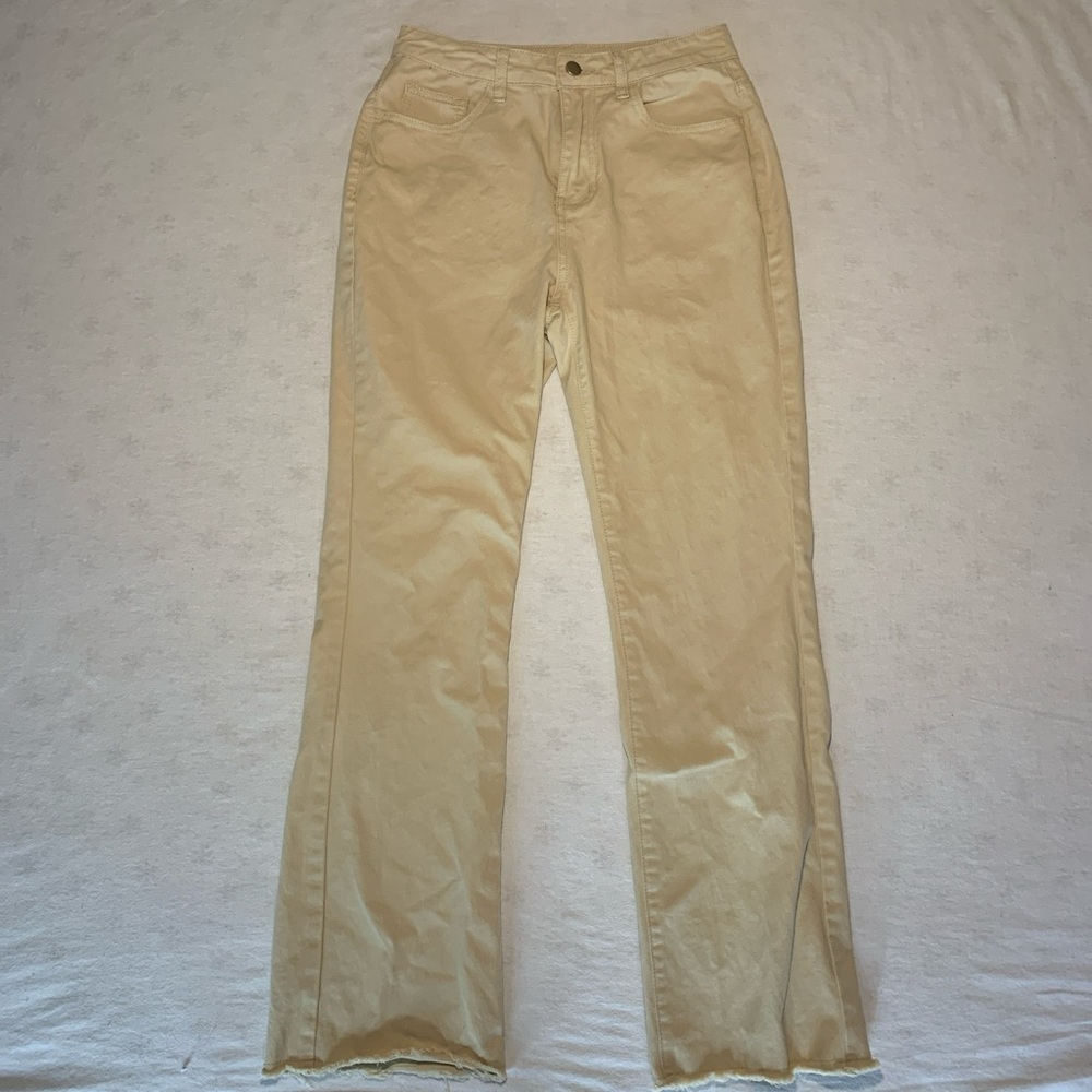 Khaki straight leg trousers with frayed hem